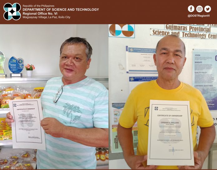 Boboy’s Delicacies owner, Mr. Teodoro Ganancial Jr. (left) and Mr. Cipriano Arellano, owner of Cheran Bakery, both receive the Certificate of Transfer of Ownership from DOST VI through its Guimaras Provincial S&T Center. Both DOST VI client-MSMEs completed the refund of the financial assistance under DOST’s SETUP iFUND. GUIMARAS PSTC Boboy’s Delicacies owner, Mr. Teodoro Ganancial Jr. (left) and Mr. Cipriano Arellano, owner of Cheran Bakery, both receive the Certificate of Transfer of Ownership from DOST VI through its Guimaras Provincial S&T Center. Both DOST VI client-MSMEs completed the refund of the financial assistance under DOST’s SETUP iFUND. GUIMARAS PSTC