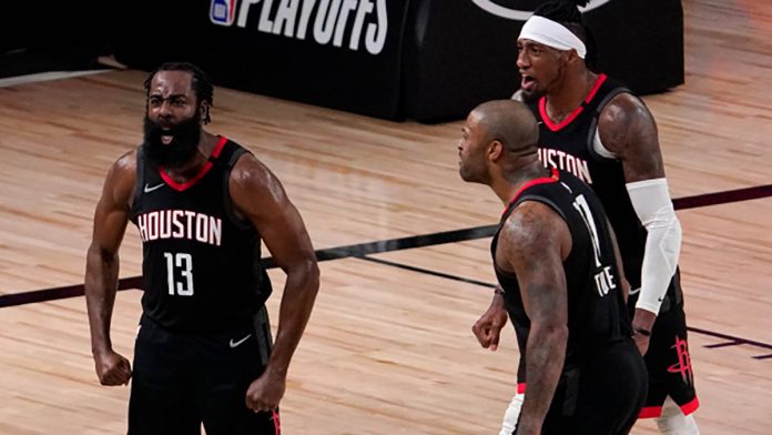 Thunder Rockets Basketball Houston Rockets players flex after winning Game 7 of their Western Conference first round series versus Oklahoma City Thunder Wednesday (Thursday in the Philippines). Houston will face Los Angeles Lakers in the second round of the 2019-2020 National Basketball Association playoffs. ORANGE COUNTY REGISTER