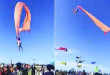 Girl thrown into air by kite in Taiwan The girl was dragged up into the air by the kite tail. FACEBOOK