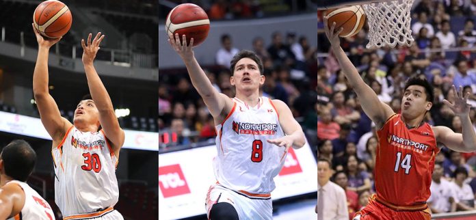 Batang Pier team manager Bonnie Tan believes that the squad now has what it takes to go all the way in the playoffs with the return of injured players Robert Bolick (center), Jonathan Grey (right) and Bradwyn Guinto. PBA PHOTO Batang Pier team manager Bonnie Tan believes that the squad now has what it takes to go all the way in the playoffs with the return of injured players Robert Bolick (center), Jonathan Grey (right) and Bradwyn Guinto. PBA PHOTO