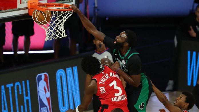 Boston Celtics’ Jaylen Brown dunks over Toronto Raptors’ Ogugua Anunoby Boston Celtics’ Jaylen Brown dunks over Toronto Raptors’ Ogugua Anunoby in Game 5 of their Eastern Conference semifinals match. CBS SPORTS PHOTO
