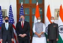 (From left) US Secretary of Defense Mark Esper, US Secretary of State Mike Pompeo, India’s Foreign Minister Subrahmanyam Jaishankar and India’s Defense Minister Rajnath Singh pose for pictures before their meeting at Hyderabad House in New Delhi on October 27, 2020. AFP PHOTO