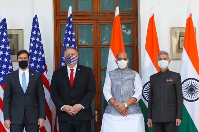 (From left) US Secretary of Defense Mark Esper, US Secretary of State Mike Pompeo, India’s Foreign Minister Subrahmanyam Jaishankar and India’s Defense Minister Rajnath Singh pose for pictures before their meeting at Hyderabad House in New Delhi on October 27, 2020. AFP PHOTO (From left) US Secretary of Defense Mark Esper, US Secretary of State Mike Pompeo, India’s Foreign Minister Subrahmanyam Jaishankar and India’s Defense Minister Rajnath Singh pose for pictures before their meeting at Hyderabad House in New Delhi on October 27, 2020. AFP PHOTO