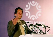 Pakistan's Prime Minister Imran Khan speaks during an international conference on the future of Afghan refugees living in Pakistan, organized by Pakistan and the UN Refugee Agency in Islamabad, Pakistan February 17, 2020. REUTERS/Saiyna Bashir