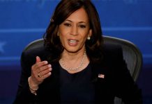 Democratic vice presidential nominee Sen. Kamala Harris speaks during the vice presidential campaign debate with US Vice President Mike Pence held on the campus of the University of Utah in Salt Lake City, Utah, US, Oct. 7, 2020. BRIAN SNYDER/REUTERS