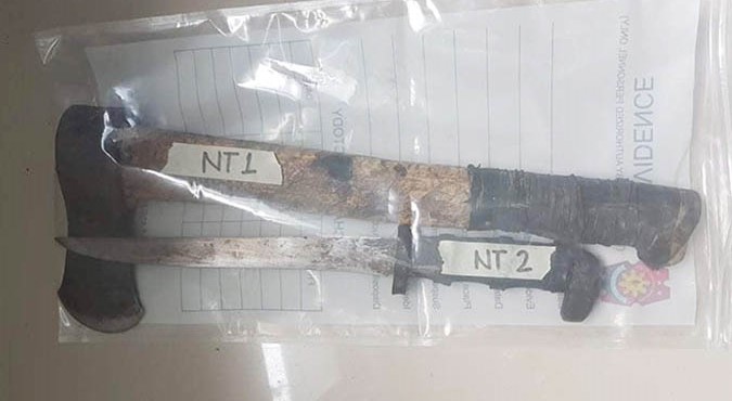 pa, son, kills neighbor over lost phone Policemen recovered this axe and knife used in the killing of Jeffery Corvera, 46, of Barangay Poblacion, Estancia, Iloilo. ESTANCIA POLICE STATION