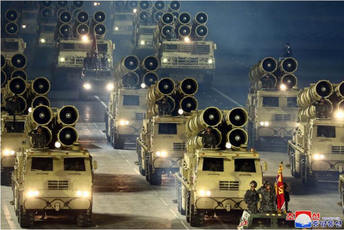 Military vehicles are seen during a parade to mark the 75th anniversary of the founding of the ruling Workers’ Party of Korea, in this image released by North Korea’s Central News Agency on Oct. 10, 2020. KCNA VIA REUTERS
