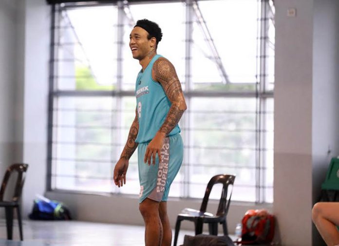 pba_1 Phoenix Super LPG Fuel Masters’ Calvin Abueva is all smiles as he joins his team practice ahead of their match against NLEX Road Warriors on Monday. PBA PHOTO