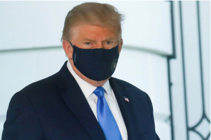 trump US President Trump wears a face mask as he departs the White House to fly to Walter Reed National Military Medical Center, where it was announced he will work for at least several days after testing positive for COVID-19. REUTERS