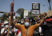 Peru now has no president as crisis takes chaotic turn Protesters celebrate the resignation of interim president Manuel Merino in Lima, Peru, Sunday, Nov. 15, 2020. Merino stepped down Sunday after two people were killed the night before during a wave of protests unleashed when Congress ousted President Martin Vizcarra. RODRIGO ABD/AP PHOTO
