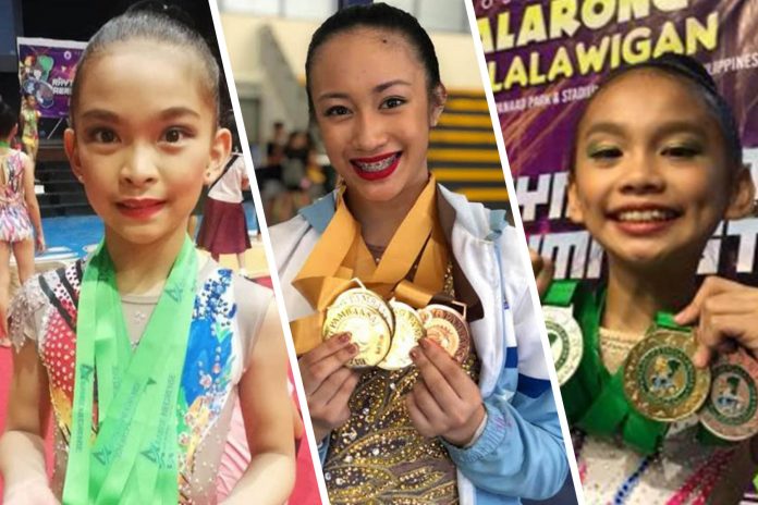 Bacolodnon gymnasts Matthea Efenio (left), Kiana Alagaban (center) and Bianca Celis bag awards in Mexico’s International Rhythmic Inter-Club Online 2020 gymnastics competition and South Africa’s Regina Rhythmic Gymnastics Online recently. CONTRIBUTED PHOTOS
