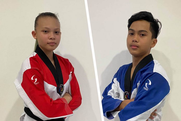 negrense Leigh Andee Rodriguez (left) and Dims Diaz spearheaded the attack for the Bacolod City-based taekwondo stable with golden finishes in the men’s and women’s speed kicking event. NEGROS TAEKWONDO UNION-TIGERS NEW GEN
