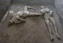 Bodies of man, his slave unearthed from ashes at Pompeii The casts of what are believed to have been a rich man and his male slave fleeing the volcanic eruption of Vesuvius nearly 2,000 years ago, are seen at a villa in the outskirts of the ancient Roman city of Pompeii destroyed by the eruption in 79 A.D. PARCO ARCHEOLOGICO DI POMPEI VIA AP