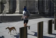 A masked runner and his dog pass St. Patrick’s Cathedral in midtown Manhattan on April 12, 2020. Many of us have been moving less since the pandemic began, but some, including many older men and women, seem to be moving more. VICTOR J. BLUE/THE NEW YORK TIMES