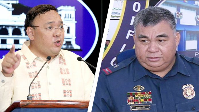 roque_sinas Palace spokesperson Harry Roque (left) refuted PNP chief Gen. Debold Sinas after the latter discouraged the public from taking videos of crime incidents, saying this could put the witnesses at risk. ROQUE(PRESIDENTIAL PHOTO), SINAS( ABS-CBN NEWS PHOT)