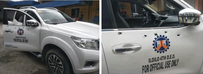AMBUSH MARKS. These are some of the bullet holes sustained by the service vehicle of Engineer Eva Bedonia and Rogelio Serilo of the Department of Public Works and Highways from armed men who ambushed them on Jan. 18, 2021 in Barangay Bolong Oeste, Santa Barbara, Iloilo. IAN PAUL CORDERO/PN AMBUSH MARKS. These are some of the bullet holes sustained by the service vehicle of Engineer Eva Bedonia and Rogelio Serilo of the Department of Public Works and Highways from armed men who ambushed them on Jan. 18, 2021 in Barangay Bolong Oeste, Santa Barbara, Iloilo. IAN PAUL CORDERO/PN