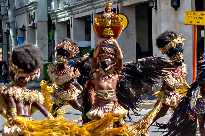 ‘HALA BIRA’ Wearing facemasks, Tribu Bariohanon “warriors” hit Iloilo City’s Mapa and Rizal streets during the shooting of their “pre-filmed” performance for Digital Dinagyang Festival 2021. This year’s virtual staging of Dinagyang kicks off today at 5 p.m. Much of the activities will be transformed to a virtual spectacle due to the threat of coronavirus.