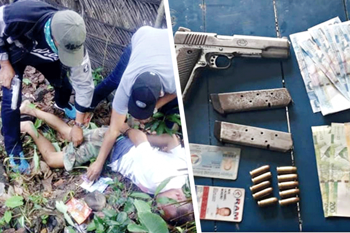 PRO-6 PHOTO Police operatives (left photo) pin to the ground gunrunning suspect Noe Moreno during an entrapment operation in Cauayan, Negros Occidental. They recovered a gun, bullets and money (right photo). Moreno faces a charge for violation of the Comprehensive Firearms and Ammunition Regulation Act. PRO-6 PHOTO Police operatives (left photo) pin to the ground gunrunning suspect Noe Moreno during an entrapment operation in Cauayan, Negros Occidental. They recovered a gun, bullets and money (right photo). Moreno faces a charge for violation of the Comprehensive Firearms and Ammunition Regulation Act.