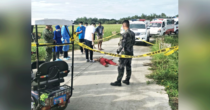 pavia Policemen and emergency responders inspect the lifeless body of Dominique Gumban in Barangay Barangay Pagsanga-an, Pavia, Iloilo yesterday morning. IAN PAUL CORDERO/PN