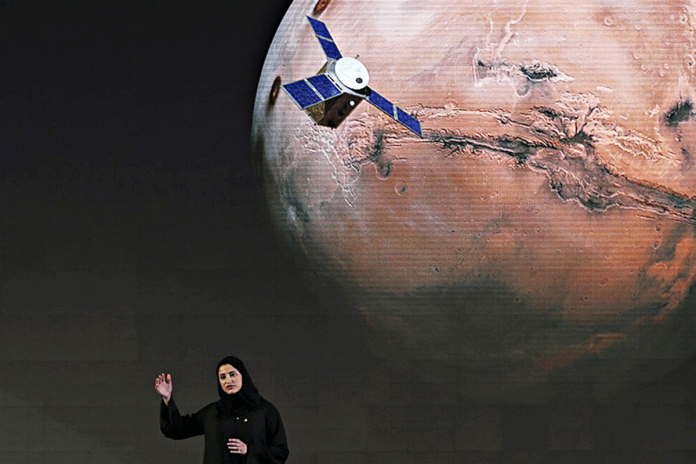 Arab-spacecraft-set Sarah al-Amiri, the deputy project manager of the United Arab Emirates’ Mars mission discusses about project "Hope," "Amal" in Arabic, during a ceremony in Dubai, United Arab Emirates. AP PHOTO/KAMRAN JEBREILI