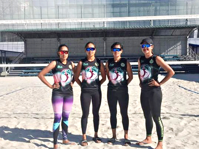 MPBL-and-PSL Abanse Negrense beach volleyball players (from left) Alexa Polidario, Erjane Magdato, Jennifer Cosas, and Gelimae Villanueva pose before they train ahead of the 2021 Philippine Superliga Beach Volleyball competition in Subic, Zambales. ABANSE NEGRENSE