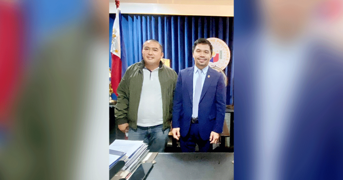 Team Negros owner John Gilbor (left) poses with Maharlika Pilipinas Basketball League (MPBL) founder Sen. Manny Pacquiao (right) during their meeting on Feb. 8. Pacquiao and Gilbor formalized the entry of the team in the fourth MPBL season this year. JOHN GILBOR