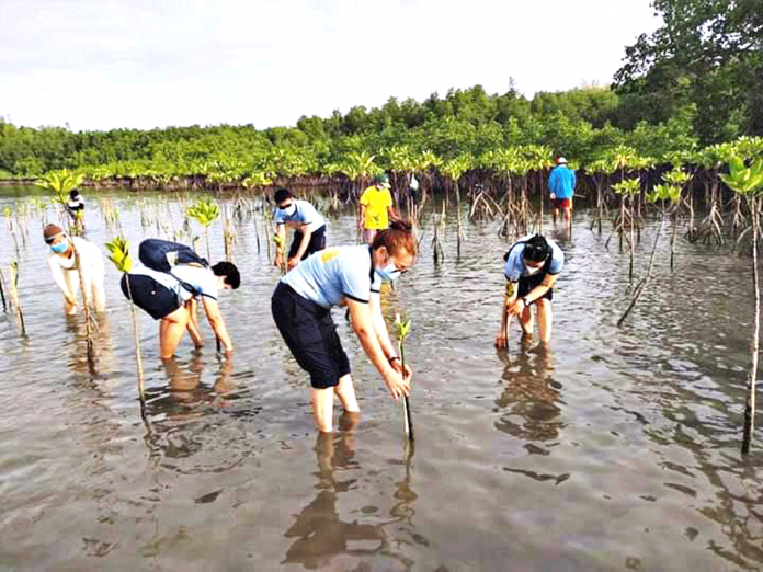 Personnel of the police station of Nueva Valencia, Guimaras plant mangrove propagules along the coast of the town’s seaside barangay of La Paz. Mangroves are home to a large variety of fish, crab, shrimp, and mollusk species. These fisheries form an essential source of food for coastal communities. PHOTO BY THE NUEVA VALENCIA POLICE STATION