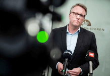 Morten Boedskov, acting minister of Finance, faces the media at the Ministry of Finance in Copenhagen, on Feb. 3, 2021. MARTIN SYLVEST / RITZAU VIA AP