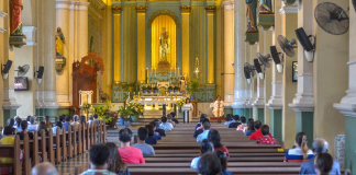 Devotees attend a mass in Jaro Metropolitan Cathedral in Iloilo City. Churchgoers observe physical distancing to prevent the spread of coronavirus disease 2019. In “NCR plus” churches are allowed by the Inter-Agency Task Force for the Management of Emerging Infectious Disease to conduct a “once-a-day” religious gathering during Holy Week. PANAY NEWS PHOTO