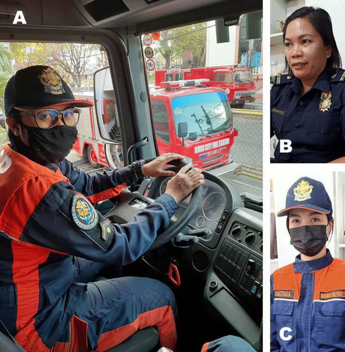 TRAILBLAZING ILONGGAS Fire Officer 2 Marian Camposano (A), Fire Chief Inspector Melanie Habawel (B) and Fire Officer 1 Jessa Lynn Gonzaga (C) of the Bureau of Fire Protection in Western Visayas are out to extinguish the notion that firefighting is a profession only reserved for men. TRAILBLAZING ILONGGAS Fire Officer 2 Marian Camposano (A), Fire Chief Inspector Melanie Habawel (B) and Fire Officer 1 Jessa Lynn Gonzaga (C) of the Bureau of Fire Protection in Western Visayas are out to extinguish the notion that firefighting is a profession only reserved for men.