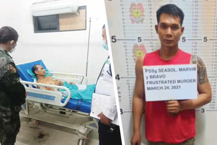 know-when-to-point-your-guns Normando Estrebor, who was shot by neighbor Police Staff Sergeant Marvin Seasol, is recuperating at the West Visayas State University Medical Center in La Paz, Iloilo City. OTON MPS