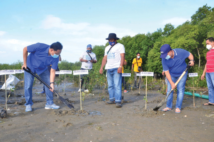 mangrove-planting MANGROVE PLANTING. Gov. Arthur Defensor Jr. (left) and Mayor Carlos Cabangal Jr. (right) lead the mangrove planting activity in Barangay Alacaygan, Banate, Iloilo. About 500 mangrove propagules of the bungalon species were planted in celebration of the World Water Day. BALITA HALIN SA KAPITOLYO