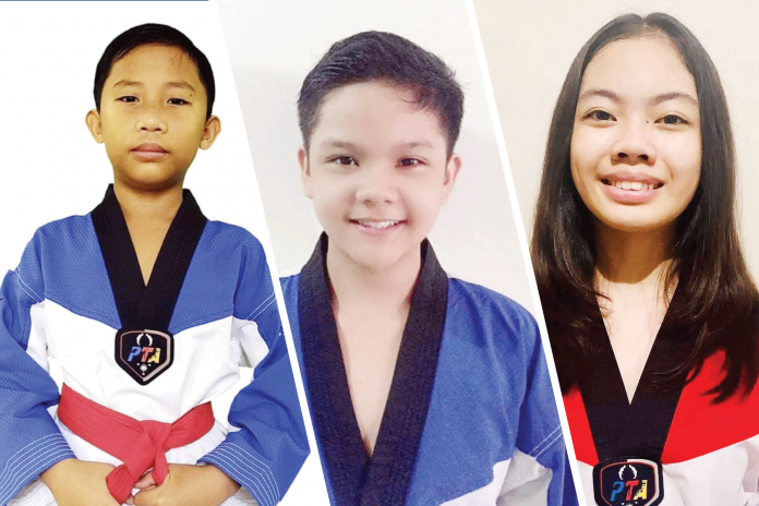 negrense Negros Taekwondo Union-Tigers New Gen’s Cipriano Lumanog (left) and Gadiel Estor (center) capture gold medals each, while Christelle Therese Avancena (right) gets bronze medal in the 2021 MVPSF/Smart Online National New Face of the Year Speed Kicking Taekwondo Championship. NEGROS TAEKWONDO UNION-TIGERS NEW GEN