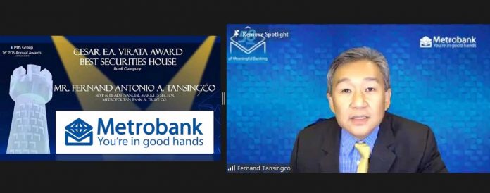 METROBANK-PDS-AWARDS Metrobank Head of Financial Markets Sector Fernand Antonio Tansingco receives the recognition during the virtual awarding ceremony of the PDS Awards.