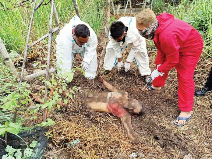 bac-pic Authorities secure the body of a man who was allegedly hacked to death in CarmenVille Subdivision, Barangay Mansilingan, Bacolod City yesterday. POLICE STATION 7