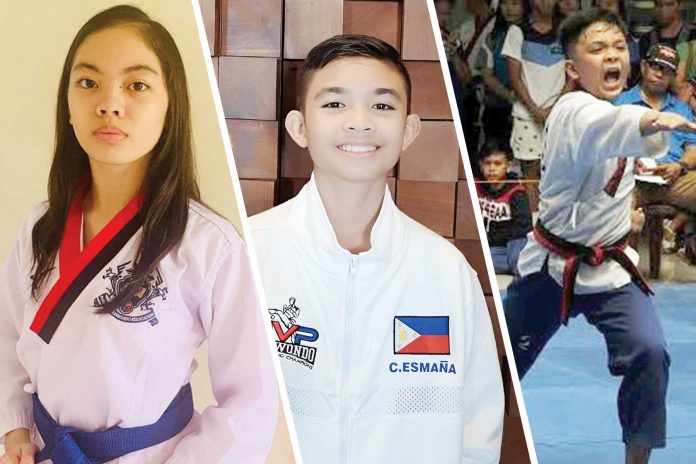 pomsae Christelle Avanceña (left) of Negros Taekwondo Union-Tigers New Gen, Cyd Edryc Esmaña (center) of Iloilo MVP Taekwondo Gym, and Seth Ryan Templanza (right) of A. Diasnes Taekwondo Gym were gold medalists in the 2021 Smart/MVP Sports Foundation Online National Poomsae Championships. FACEBOOK