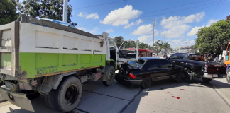 Five cars crashed along the national highway in Barangay Mali-ao, Pavia, Iloilo yesterday. No casualties were reported. JAP FAJARDO/PN