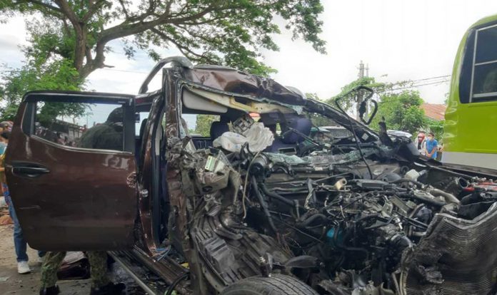 zarraga-mishap WRECKED. This pickup owned by Atty. Jose Gelacio Lira was heavily damaged. It crashed against a parked van in Barangay Gines, Zarraga, Iloilo on May 10, 2021. Lira sustained lacerations to the right arm and a fracture to the right knee, while Po got injuries to the head. The two were recuperating at the Metro Iloilo Hospital and Medical Center in Jaro district. PHOTO BY TITA JANE