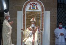 Cardinal Jose Advincula sits in the Cathedra, the Bishops Seat, for the first time as archbishop of Manila Thursday, June 24, 2020. PHOTO BY ROY LAGARDE, CBCPNEWS.NET