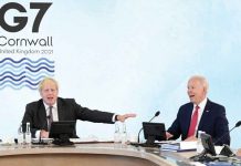 G7 rivals China with grand infrastructure project United States President Joe Biden (right) and Britain's Prime Minister Boris Johnson (left) attend a working session during G7 summit in Carbis Bay, Cornwall in Britain, June 12, 2021. LEON NEAL/POOL VIA REUTERS