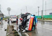 A road mishap in Barangay Cabugao, Pavia, Iloilo on Saturday left the driver of this ambulance injured. JAPHET FAJARDO/PN