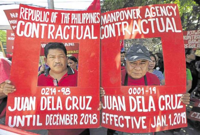 endo In September 2018, President Rodrigo Duterte certified urgent a Senate bill ensuring security of tenure, a campaign promise to workers who have been protesting for years against contractualization that employers use to evade regularizing and giving full benefits to their workers. GRIG C. MONTEGRANDE/PHILIPPINE DAILY INQUIRER