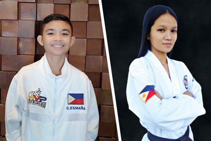 jins Cyd Edryc Esmaña (left) of Iloilo MVP Taekwondo and Gym Herlyn Mende (right) of Zarraga Taekwondo Dojang are gold medal winners in the first two days of the 2021 Smart/MVPSF Asian Open Online Taekwondo Poomsae & Speed Kicking Championships. FACEBOOK