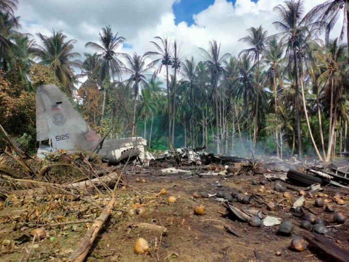 news-dbm View of the site after a Philippines Air Force Lockheed C-130 plane carrying troops crashed on landing in Patikul, Sulu province, Philippines July 4, 2021. ARMED FORCES OF THE PHILIPPINES - JOINT TASK FORCE SULU/HANDOUT VIA REUTERS