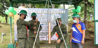 A time capsule is being lowered by Armed Forces Chief of Staff General Cirilito Sobejana and 3rd Infantry Division commander, Major General Eric Vinoya during the groundbreaking for a P100.3-million military hospital to be constructed at Camp General Macario Peralta in Jamindan, Capiz. Looking on is Architect Vicente Rabago Jr. of the Department of Public Works and Highways – Region 6. 3ID PHOTO