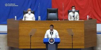 President Rodrigo Duterte delivers his final State of the Nation Address at the Batasang Pambansa in Quezon City on July 26, 2021. Looking on are Senate President Vicente Sotto III (left) and House Spealer Lord Allan Velasco.