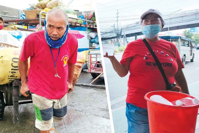 everyday-heroes Manong Edgardo (left) Librella is one of the oldest porters in “Super. On Sundays, traffic enforcer Juliet Baylon (right) vends bottled water along Infante Street, Molo, Iloilo City.