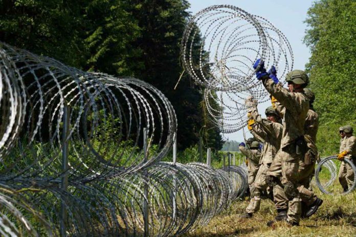 fence Lithuanian army soldiers install razor wire on the border with Belarus in Druskininkai, Lithuania. REUTERS/JANIS LAIZANS