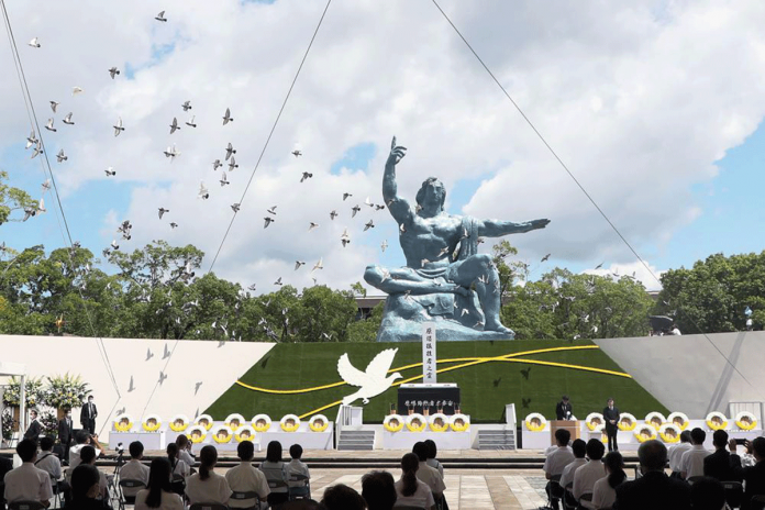 Doves fly over the Statue of Peace during a ceremony at Nagasaki Peace Park in Nagasaki, Japan. The Japanese city of Nagasaki on Monday marked its 76th anniversary of the United States atomic bombing. KYODO NEWS VIA AP