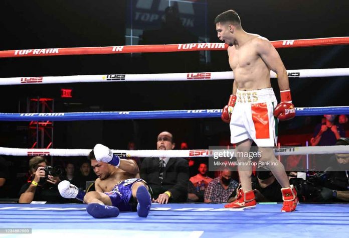 negrense-sarvania Genesis Servania is down on the canvas after hit with a right hook to the jaw and left straight to the face by Andres Cortes in the first round of their boxing match on Sunday at the Hard Rock Hotel and Casino in Tulsa, Oklahoma City. GETTY IMAGES
